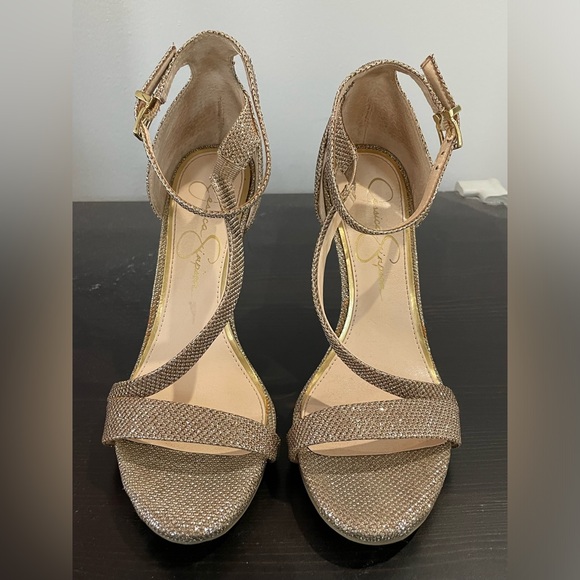 Gold Sparkle Jessica Simpson Strappy Heels Sz 6.5 - Picture 2 of 7